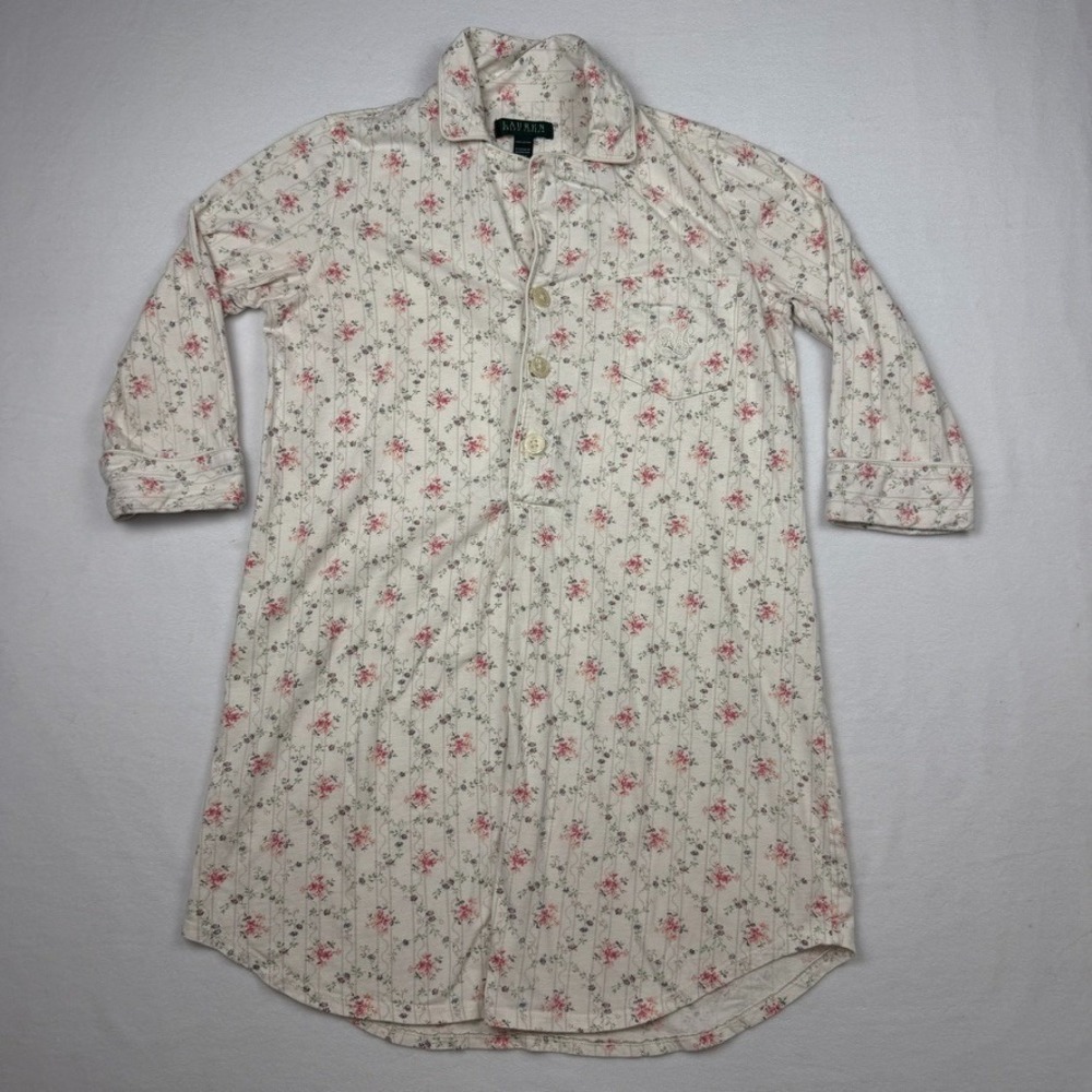 VTG Lauren Ralph Lauren Womens Sleepshirt Small White Floral Cotton Nightgown PJ
